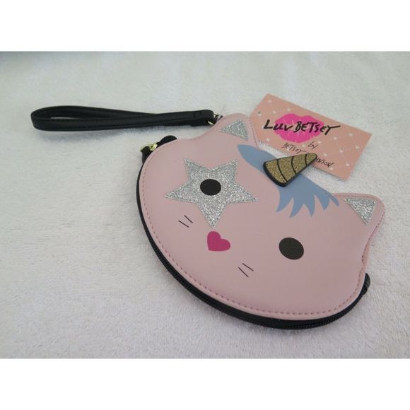 LUV BETSEY Pink Glitz Silver Gold LBKIT-1 Kitty Cat Unicorn Coin Purse Wristlet - Picture 1 of 10
